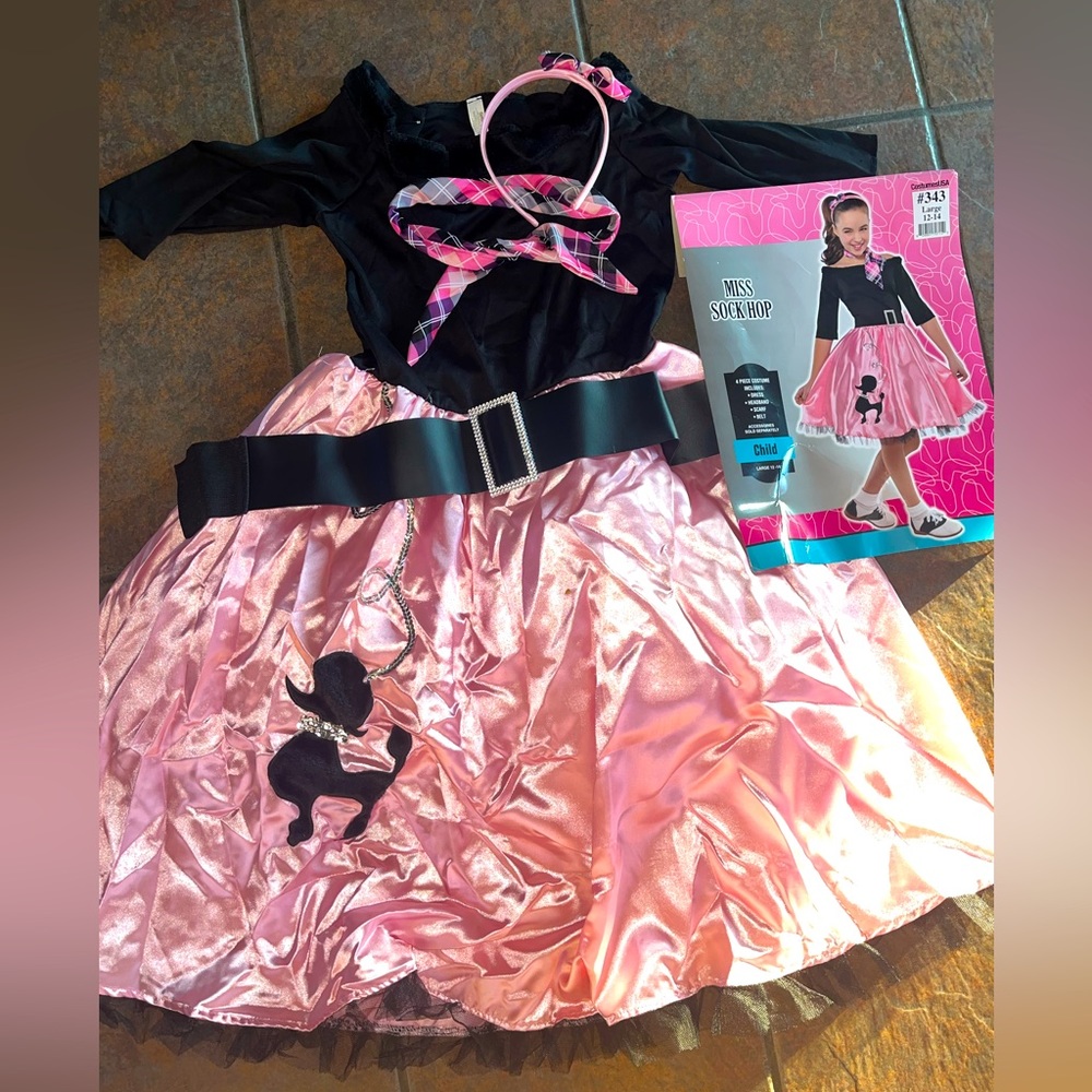 Miss Sock Hop Girl Halloween Costume Dress 4 Piece -Dress, Scarf, Headband, Belt